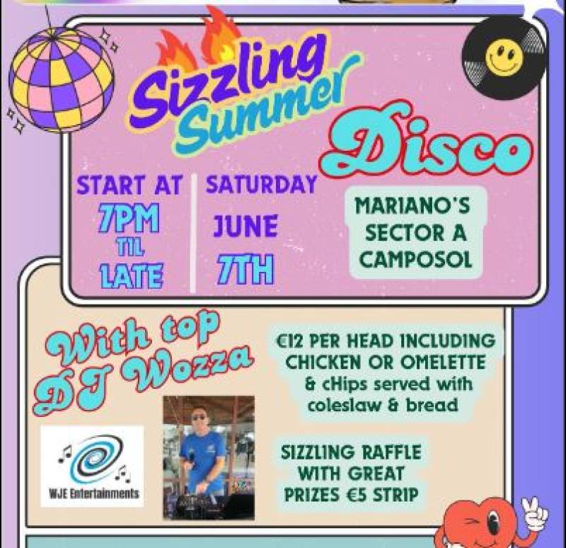 June 7 Sizzling Summer Disco at Mariano's, Camposol, in aid of Noah's ARC