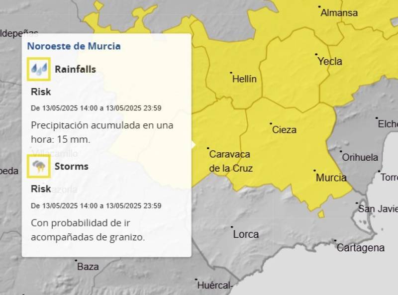 More weather warnings for rain and hail: Murcia weekly forecast May 12-15