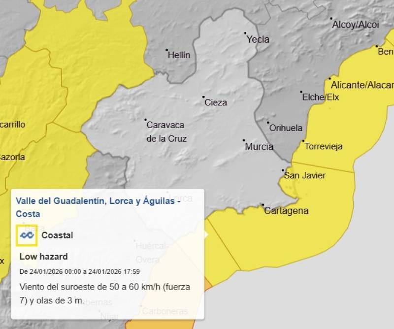 Murcia weekend weather forecast January 22-25: Alerts for strong wind continue